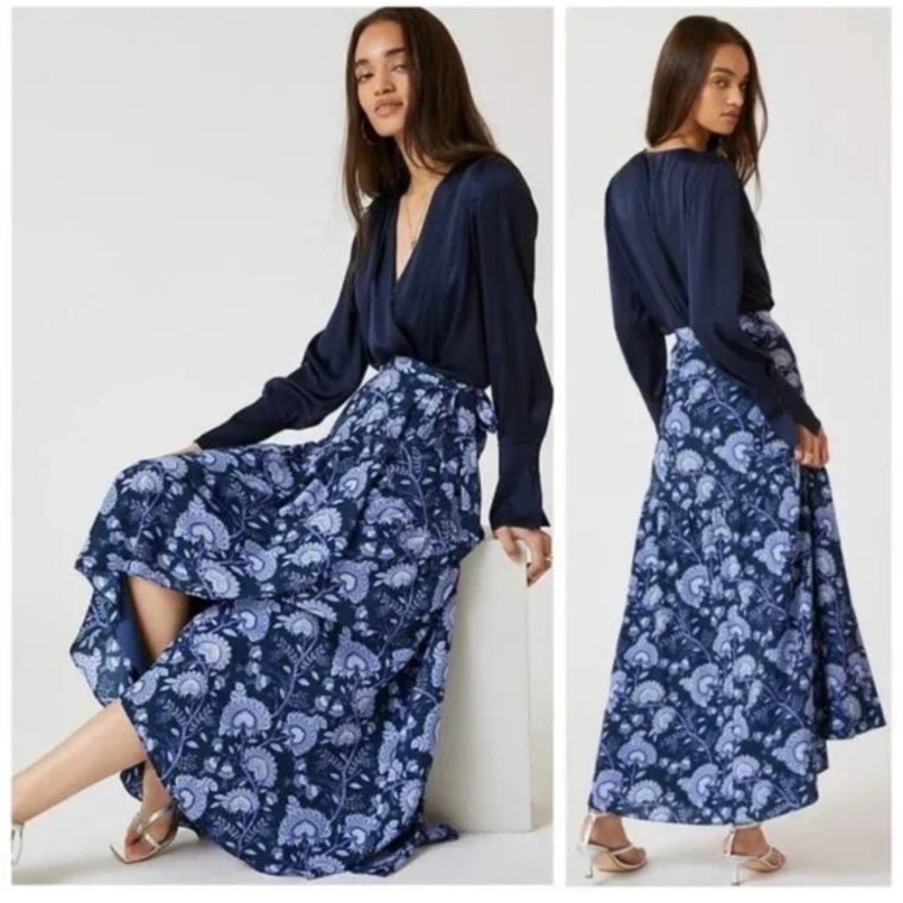 Maxi Floral Print Wrap Skirt - Navy Blue